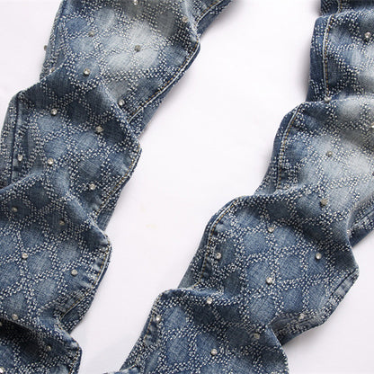 Beaded Plaid Straight-Flare Denim Jeans