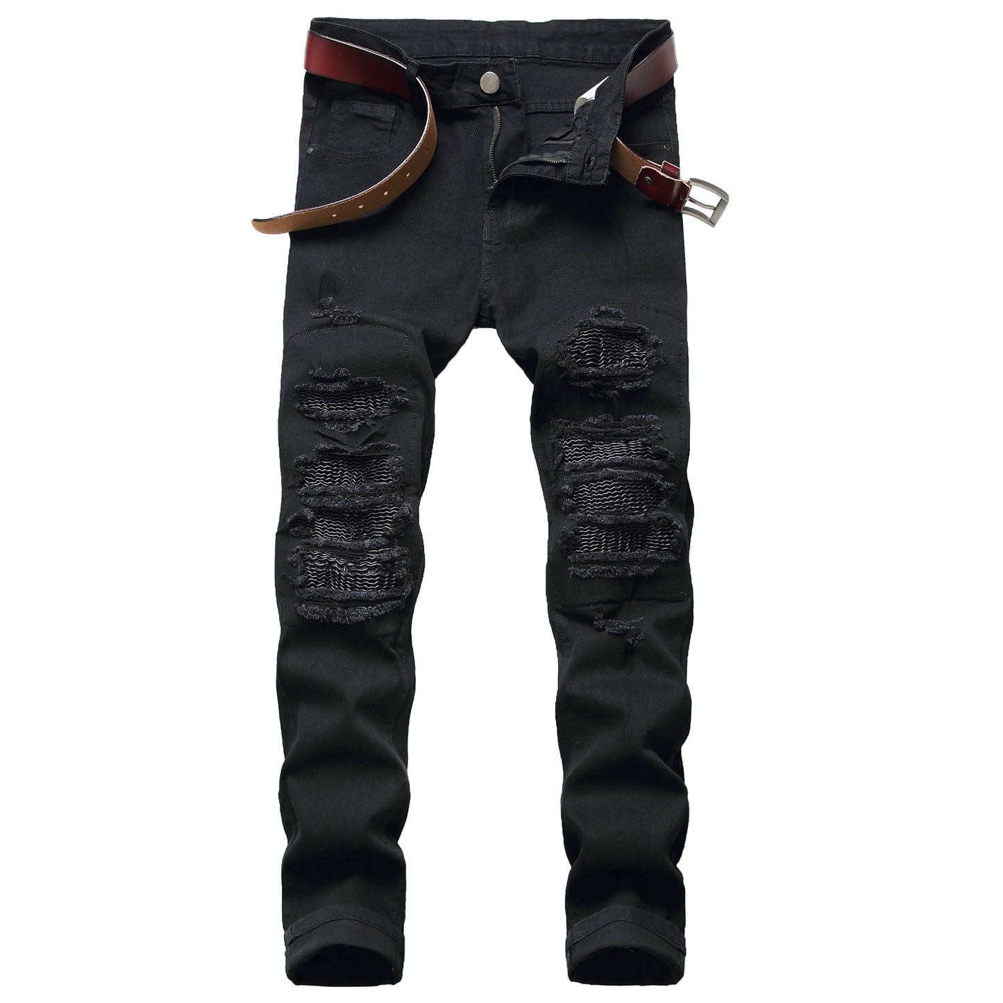 Slim-Fit Distressed Leather Accent Jeans