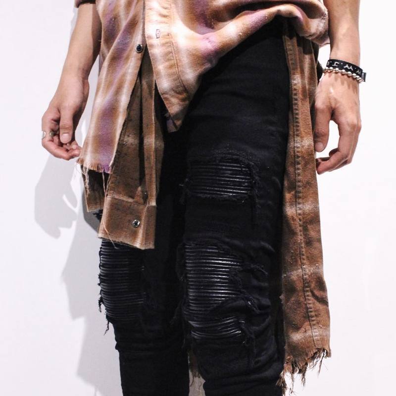 Slim-Fit Distressed Leather Accent Jeans