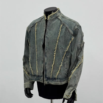 Men's distressed denim jacket with frayed seams, luxury streetwear style from Vaezion Shop