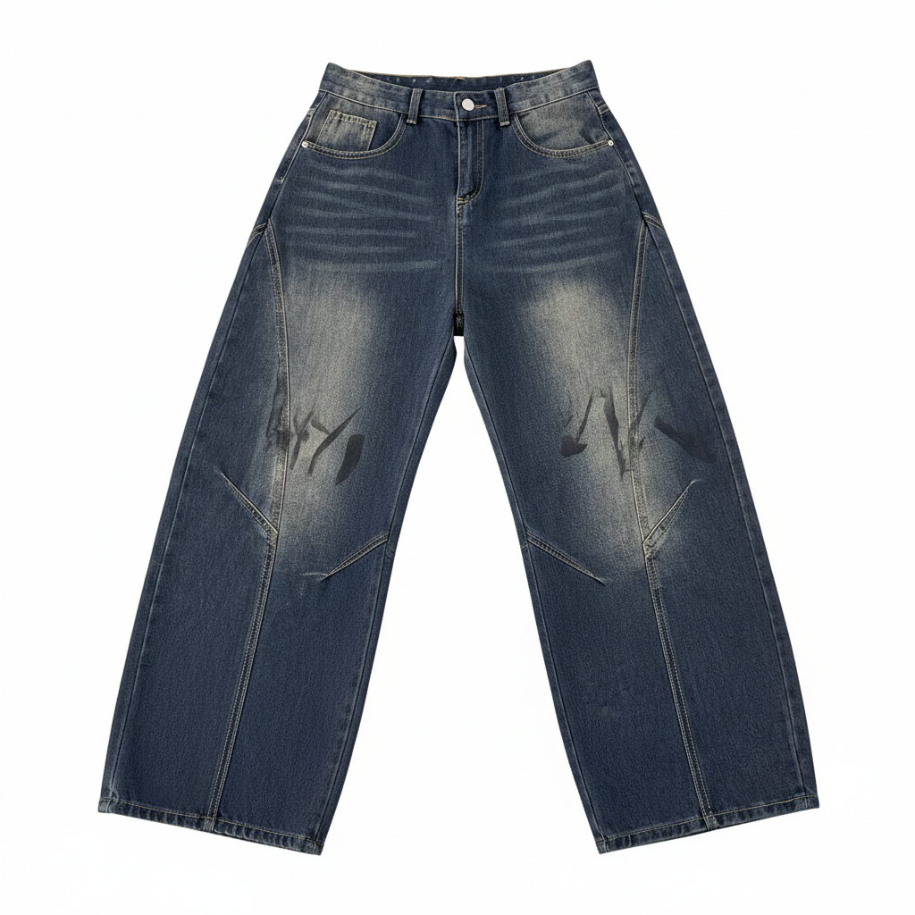 Vaezion wide-leg distressed men's jeans with unique faded wash and streetwear style accents
