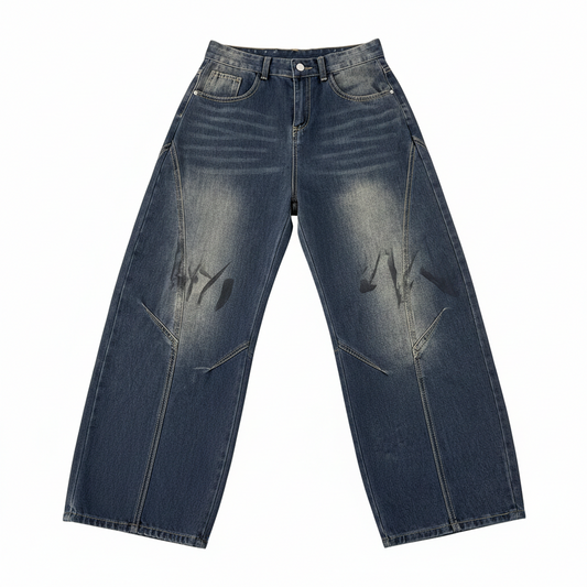 Vaezion wide-leg distressed men's jeans with unique faded wash and streetwear style accents