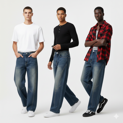 Three men modeling Vaezion Shop streetwear: relaxed jeans, t-shirts, and plaid shirt