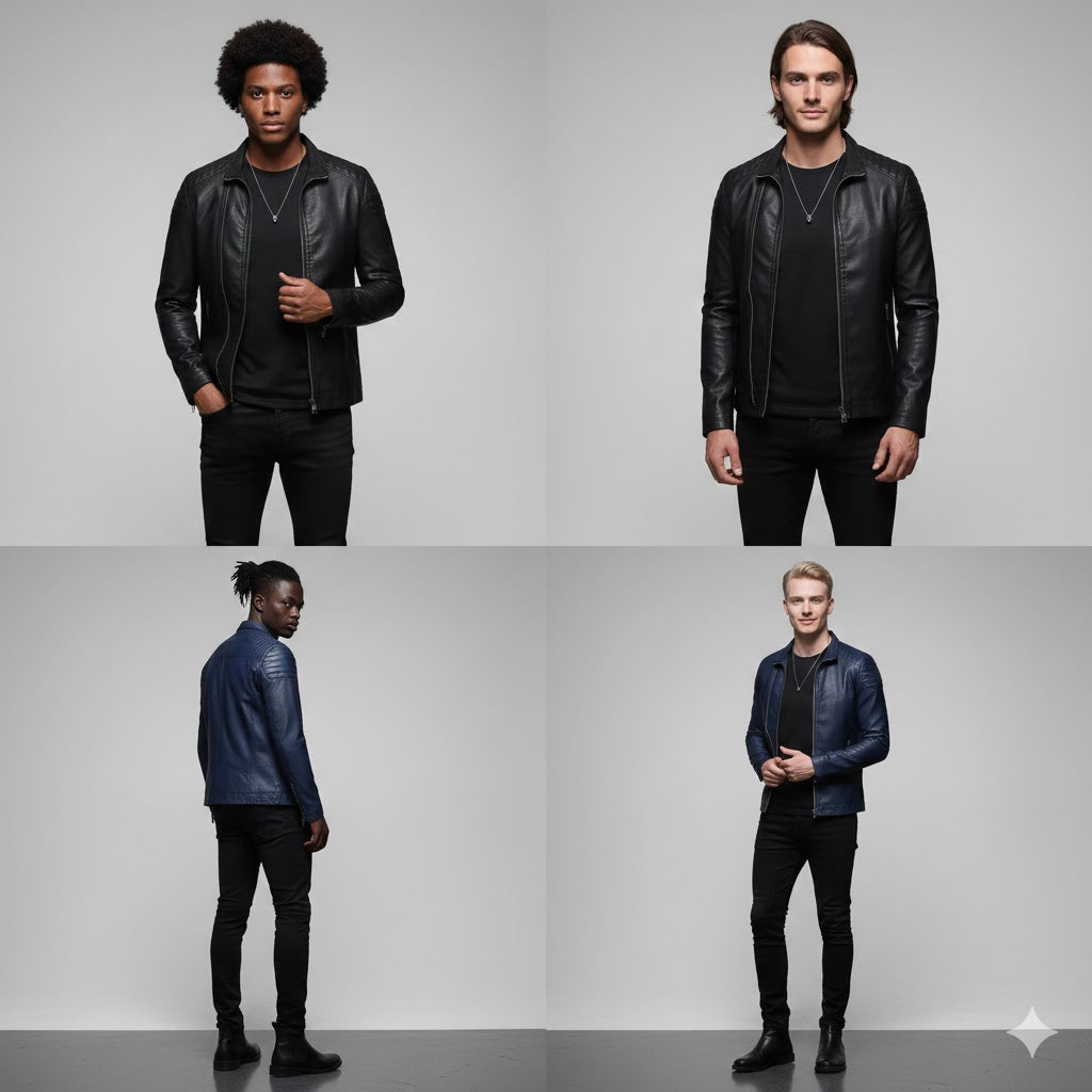 Vaezion Shop men’s leather jackets modeled in black and blue, modern streetwear style
