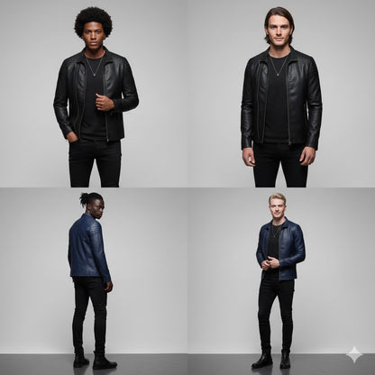 Vaezion Shop men’s leather jackets modeled in black and blue, modern streetwear style