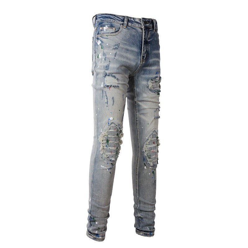 Distressed Patch Slim Denim Jeans