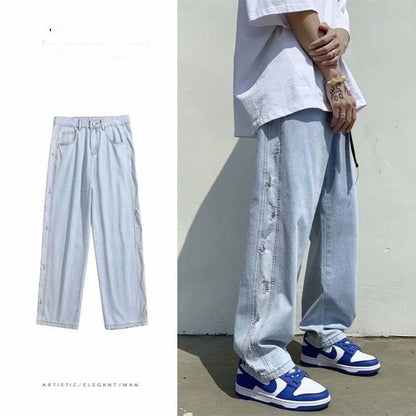 Light wash relaxed fit jeans styled for men, streetwear fashion by Vaezion Shop