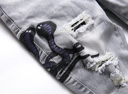 VAEZION Ripped Embroidered Jeans