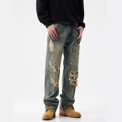 Retro Ripped Patch Denim Jeans
