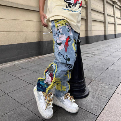 Brushed Embroidered Straight Denim Jeans