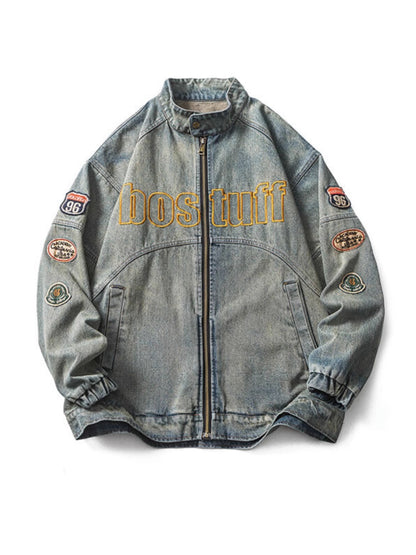 Embroidered Stand-Collar Denim Jacket