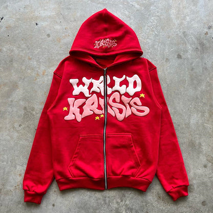 Hip-Hop Letter Print Fleece Zip Hoodie