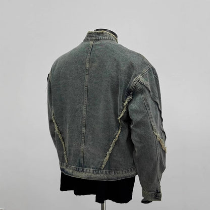 Distressed grey denim jacket with frayed seams, Vaezion Shop street luxury fashion.