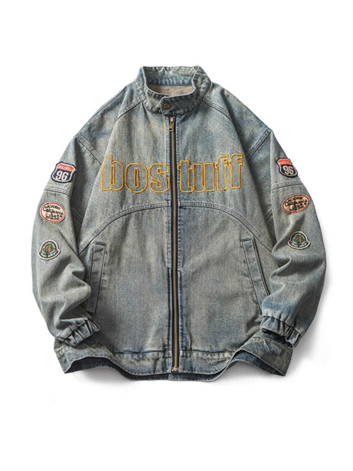 Embroidered Stand-Collar Denim Jacket