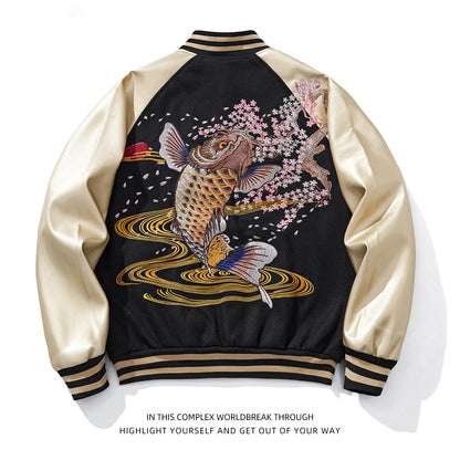 Golden Carp Embroidered Baseball Jacket