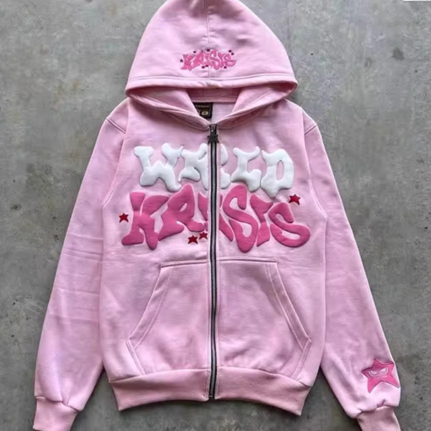 Hip-Hop Letter Print Fleece Zip Hoodie