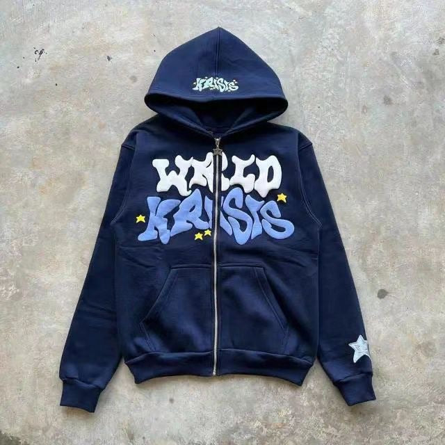 Hip-Hop Letter Print Fleece Zip Hoodie
