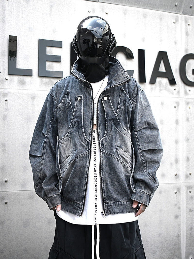 Man in black helmet and denim streetwear jacket stands in front of Vaezion luxury store sign