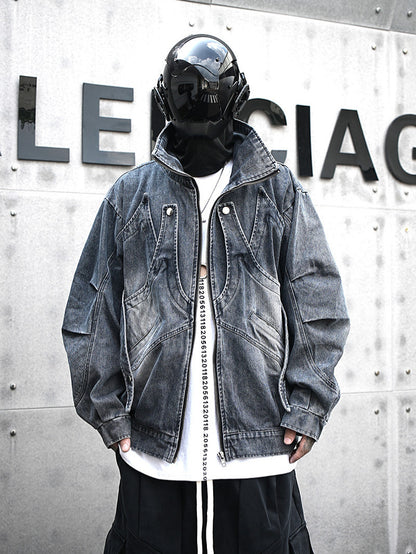 Man in black helmet and denim streetwear jacket stands in front of Vaezion luxury store sign