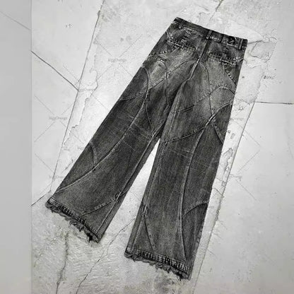 Men’s streetwear luxury jeans with curved seam details and frayed hems, Vaezion Shop style