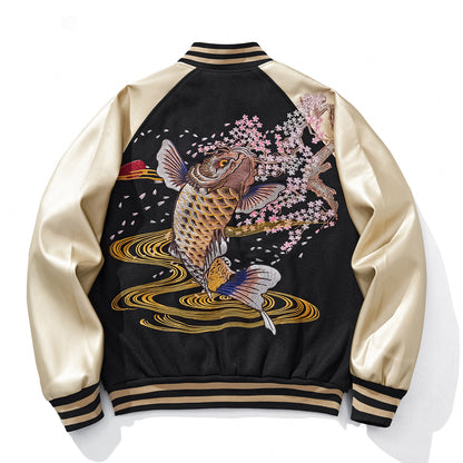 Golden Carp Embroidered Baseball Jacket
