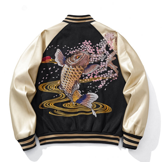 Golden Carp Embroidered Baseball Jacket