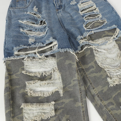 High-Street Faux Two-Piece Distressed Denim Jeans