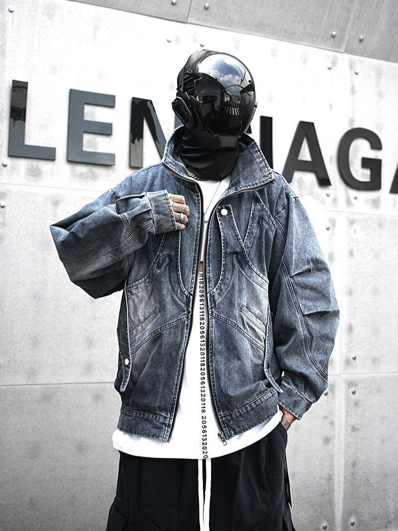 Streetwear model in futuristic black helmet and oversized denim jacket, Vaezion Shop style