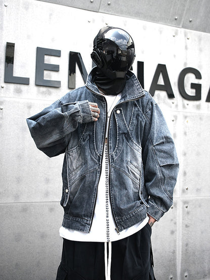 Streetwear model in futuristic black helmet and oversized denim jacket, Vaezion Shop style