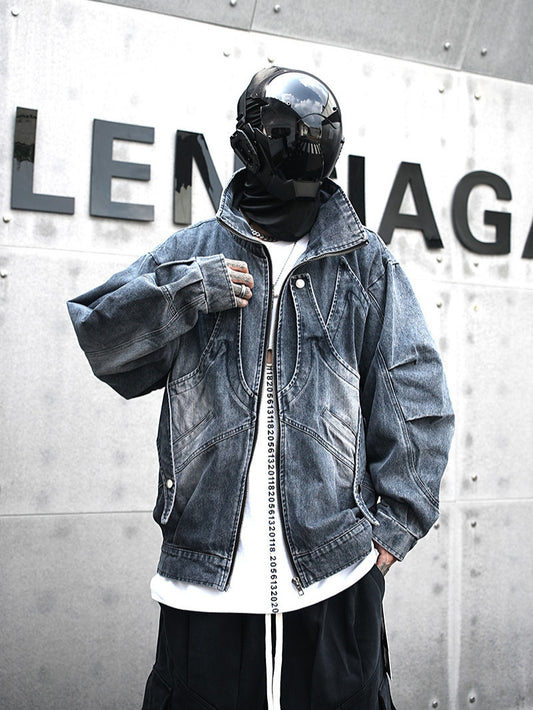 Streetwear model in futuristic black helmet and oversized denim jacket, Vaezion Shop style