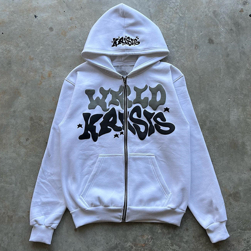 Hip-Hop Letter Print Fleece Zip Hoodie