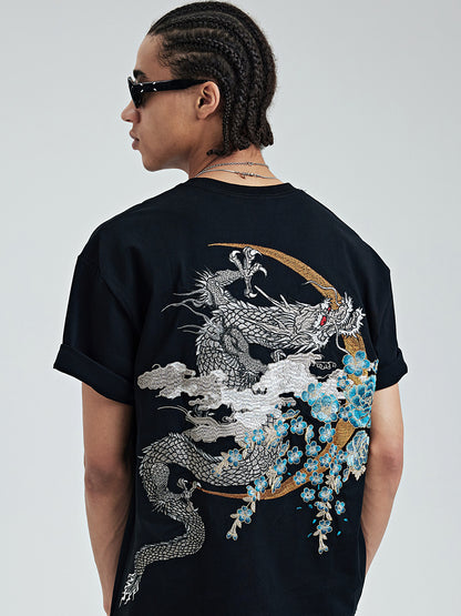 VAEZION Dragon Phoenix Embroidered T-Shirt