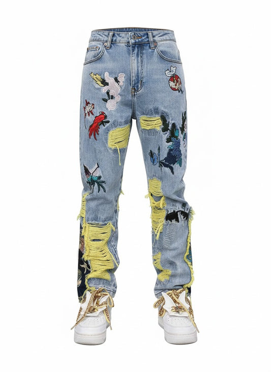 Brushed Embroidered Straight Denim Jeans