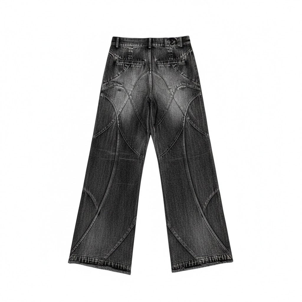 Men's designer black denim jeans with curved stitched panels, Vaezion luxury streetwear