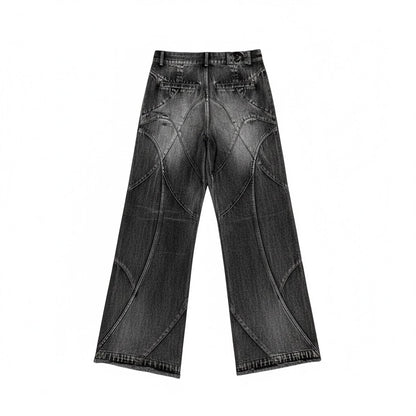 Men's designer black denim jeans with curved stitched panels, Vaezion luxury streetwear